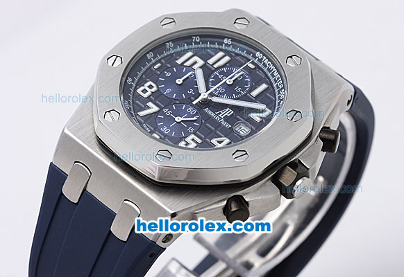 Audemars Piguet Royal Oak Offshore Quartz Working Chronograph Movement with Blue Dial and Strap-White Marking - Click Image to Close